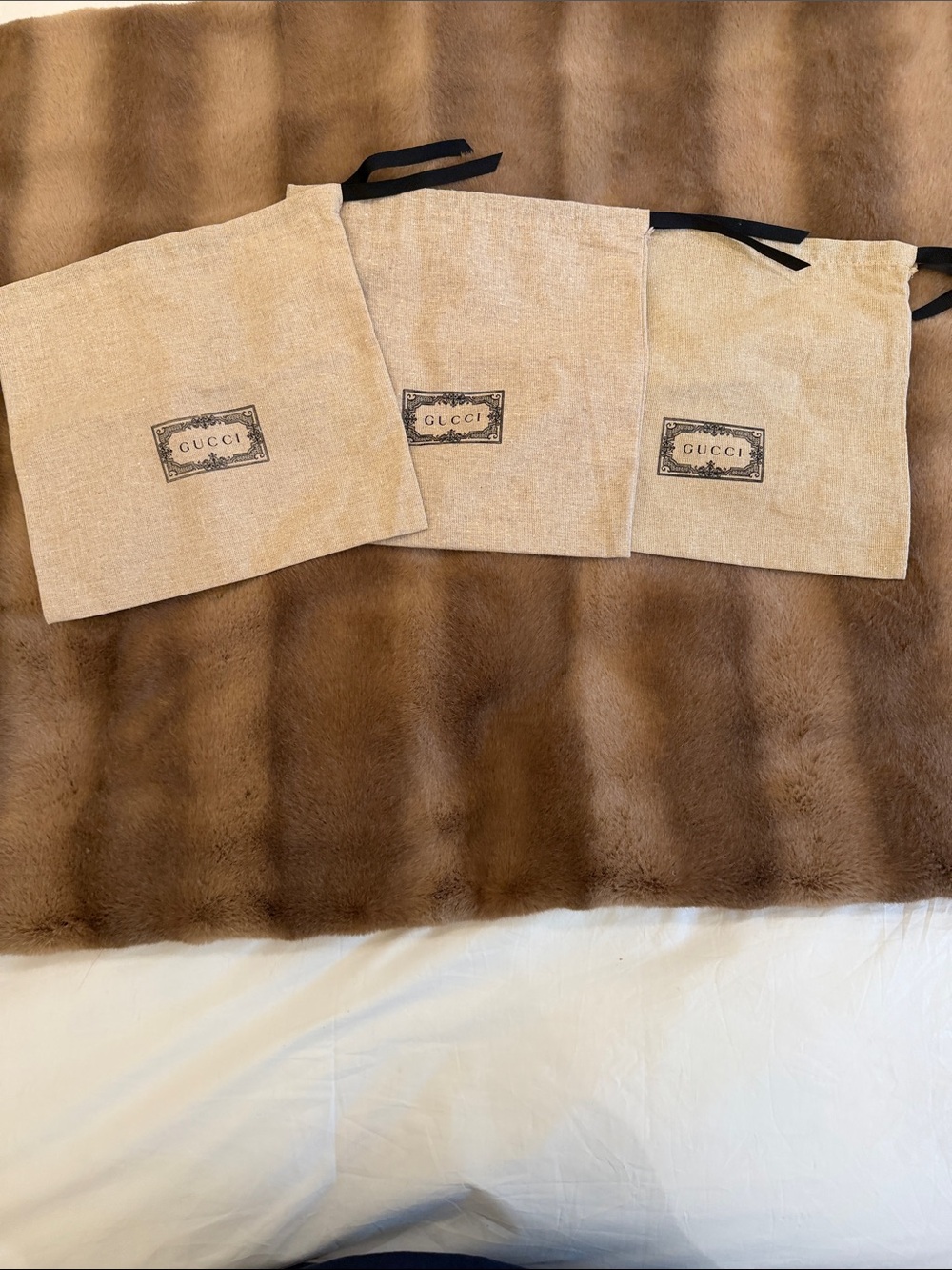 Gucci Beige Canvas Dust Bag Trio with Black Ribbon Logo